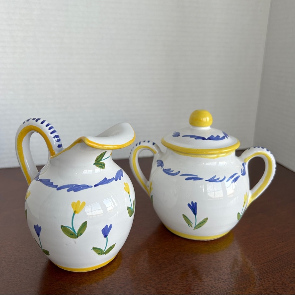 Printemps Italian Pottery Creamer and Sugar Bowl with Lid Hand Painted